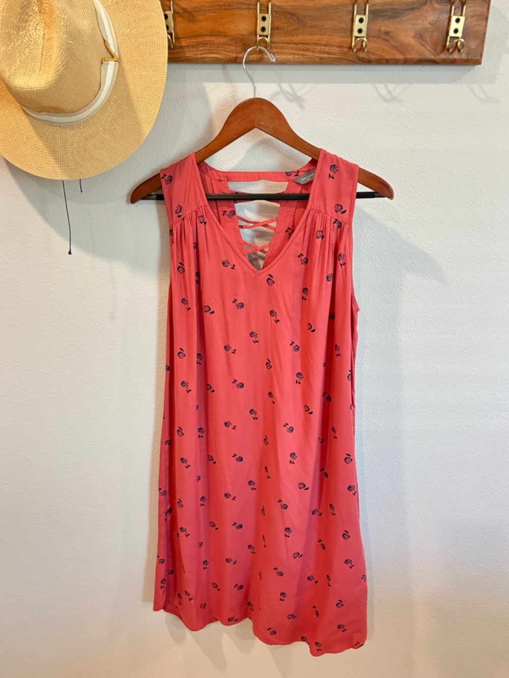 Denver Hayes Coral Pink Sleeveless V-Neck Dress with Navy Floral Print